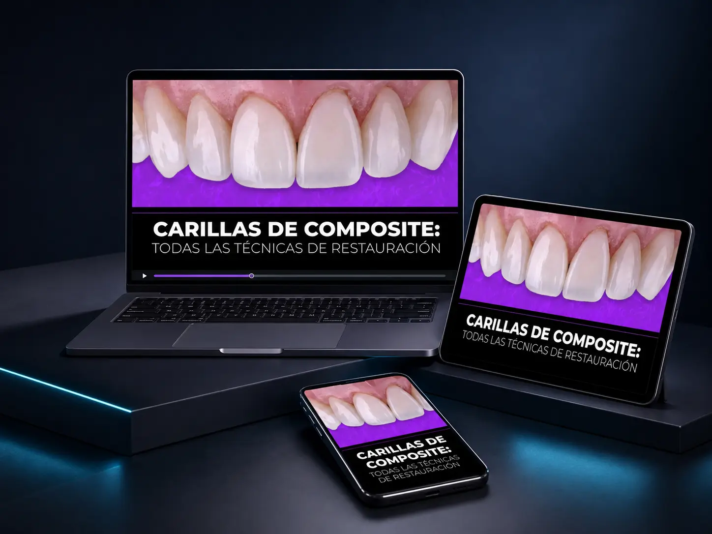 Curso online mostrado en computadora, tableta y celular